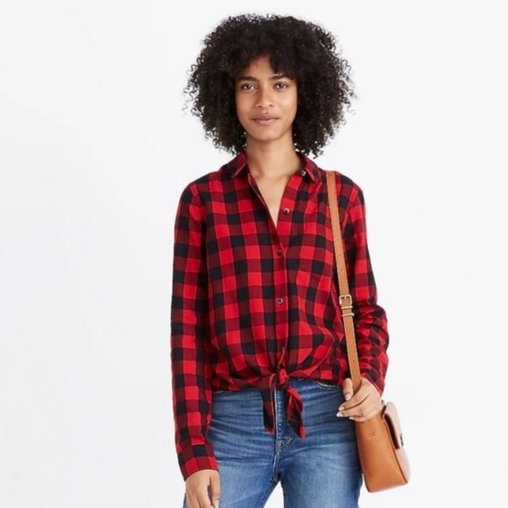 Madewell women’s cropped buffalo plaid tie front button down shirt size medium